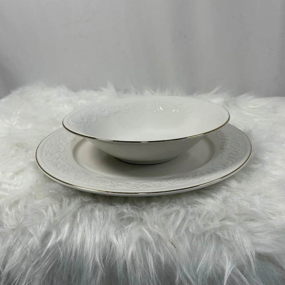 Farberware Calais Dinnerware Set Bowl & Plate White Gold 22K Band‎ Oven Safe
